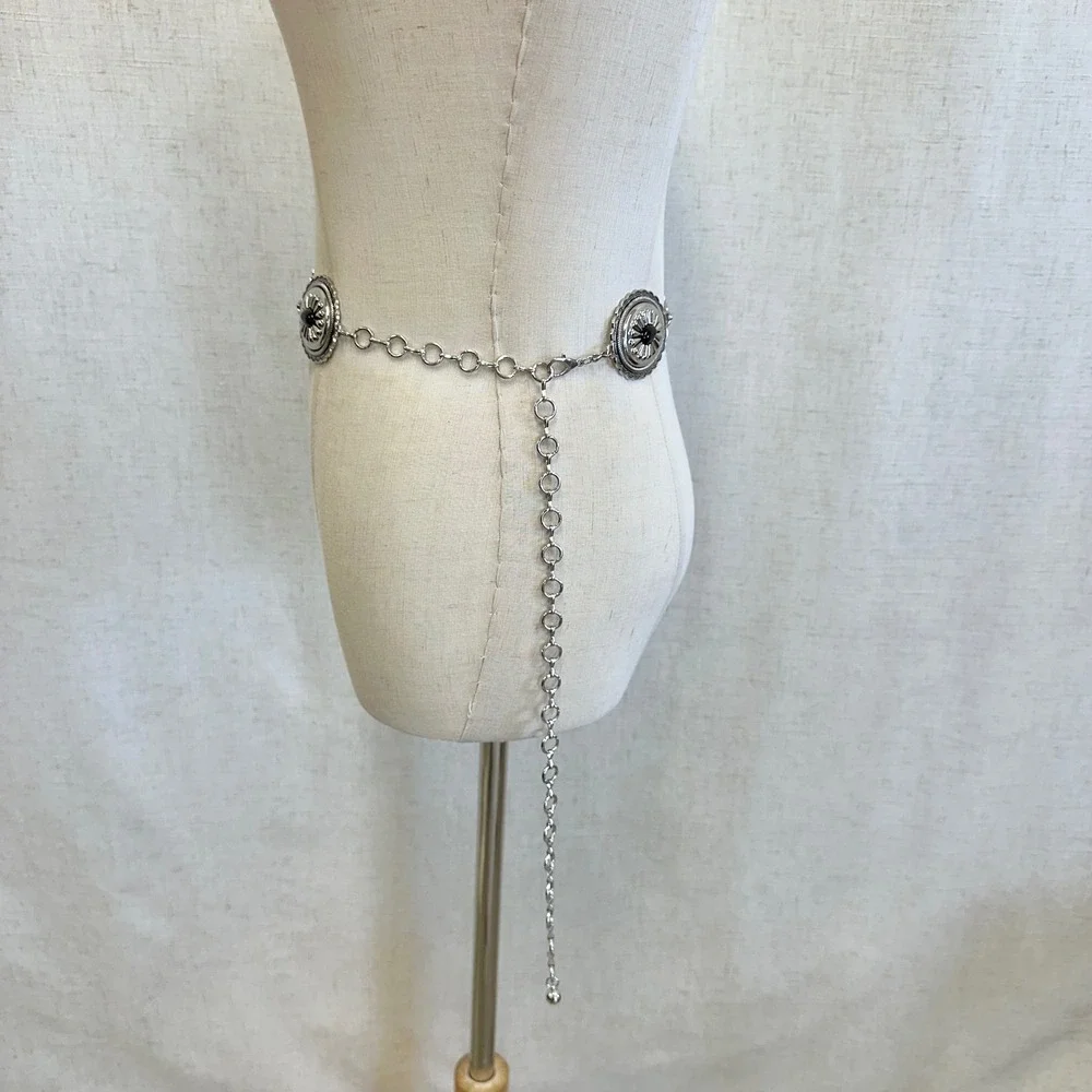 Silver Concho Chain Belt Black Faux Stone Western Boho Adjustable XS/Small‎
